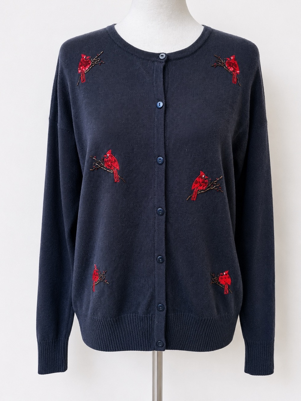 Crystal Kobe Size M Black Cardinal Embroidered Sequin Cardigan Sequins